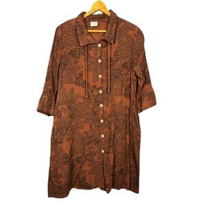 CMC Color Me Cotton Brown Floral Button Front Tunic Dress, Muslin Fabric